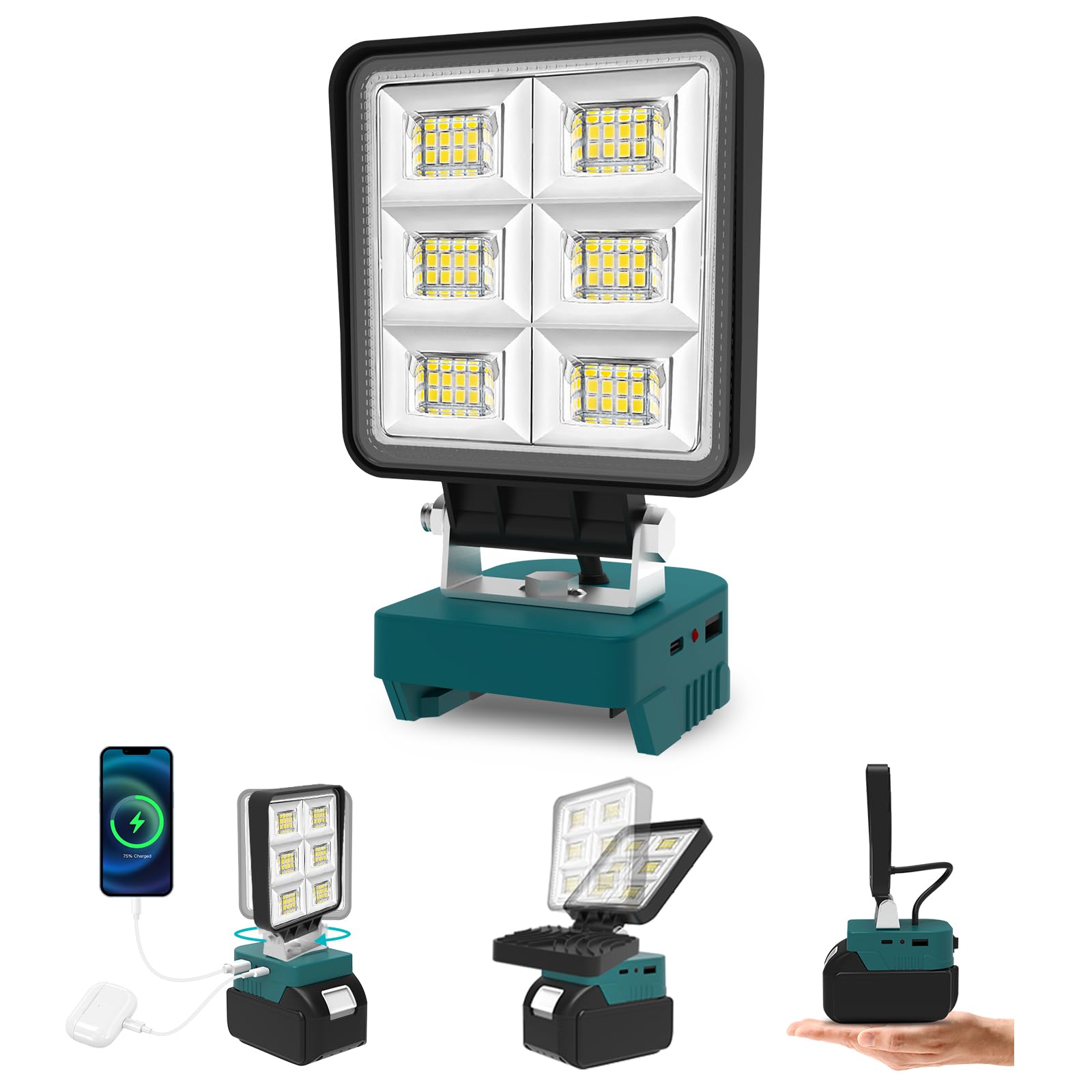 T-SUNUS LED Work Light Compatiable with ma-Kita 18V/20V Battery, 48W 5200LM Flood Light with USB & Type C Charging, Low Voltage Protection, Cordless Work Light for Emergency Garage Workshop DIY