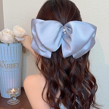 Large Silky Satin Hair Bows Cute Pink Bowknot Clips Oversized Bow French Barrettes Ponytail Holder Clamp Bridal Wedding Party Hair Accessories for Women Light Blue