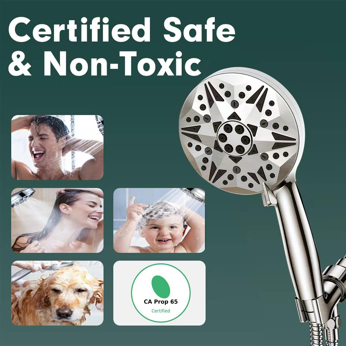 Filtered Brushed Nickel High Pressure Handheld Shower Head – 10 Spray Modes with Rain & Massage, Built-in Filter for Cleaner Water, Anti-Clog Nozzles, Power Rinse for Tile & Pets