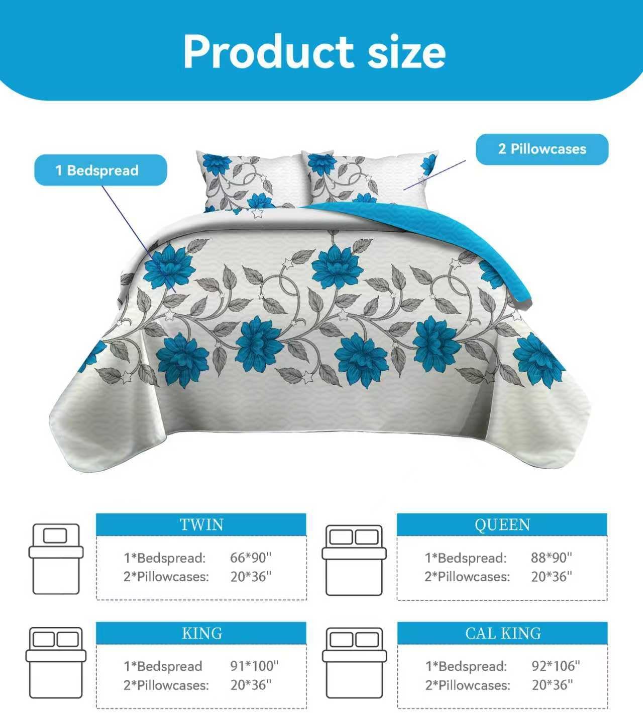 Blue Bedspread Queen Bedspreads Queen Size 1 Queen (88"x90") Bedspread 2 (20"x36") Pillowcases Blue Floral & Star Pattern Microfiber Soft Cotton-Touch for Guest Room