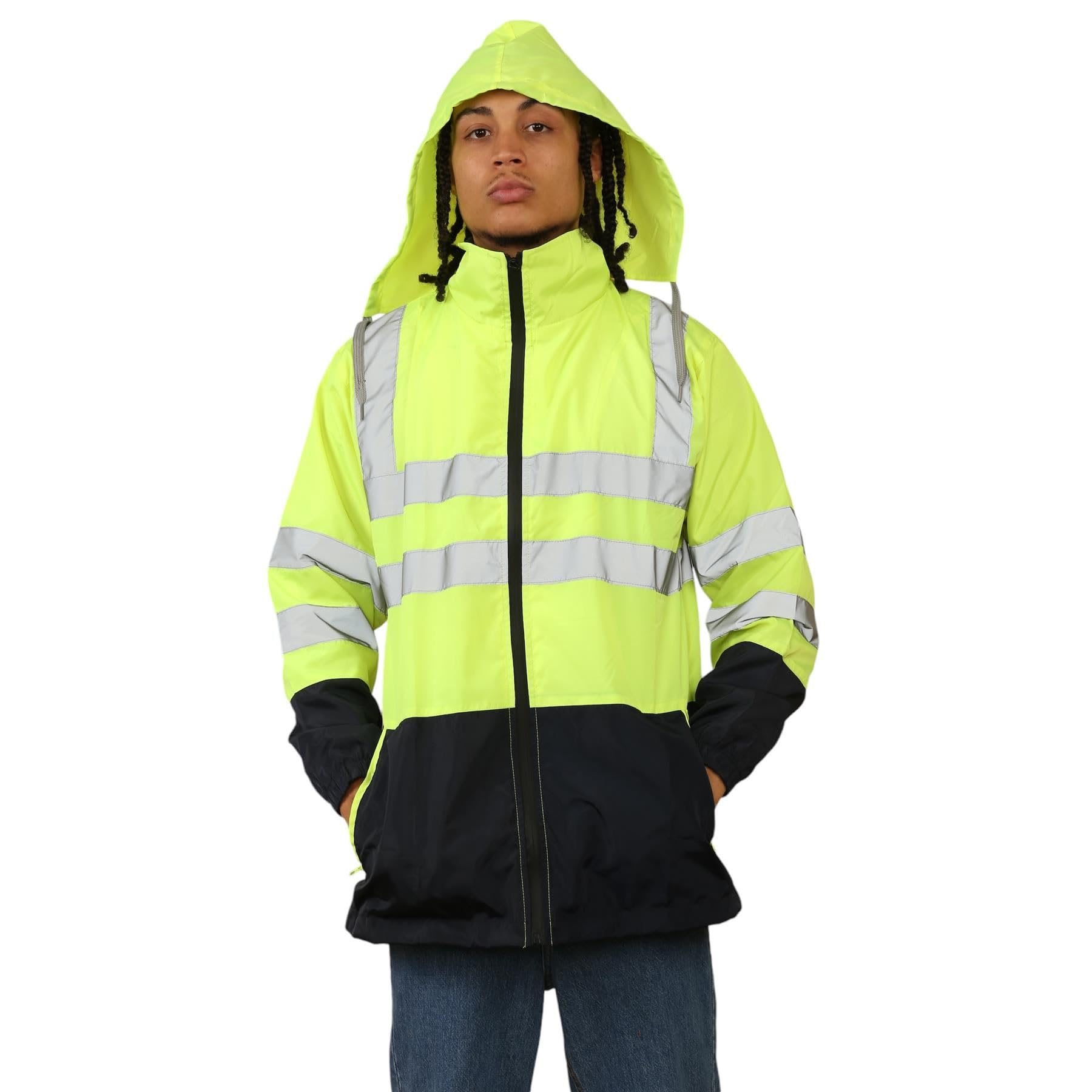 Janisramone® Chaqueta impermeable de alta visibilidad para hombre, chaqueta de trabajo con capucha reflectante y colores en contraste