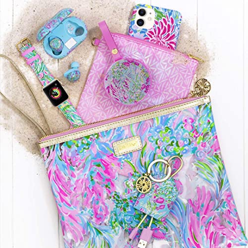Image of Lilly Pulitzer Water Resistant Vinyl Beach Day Pouch, Zipper Bag Includes Drink Hugger, Small Pouch, and Towel Clips, Best Fishes, One Size, Beachy