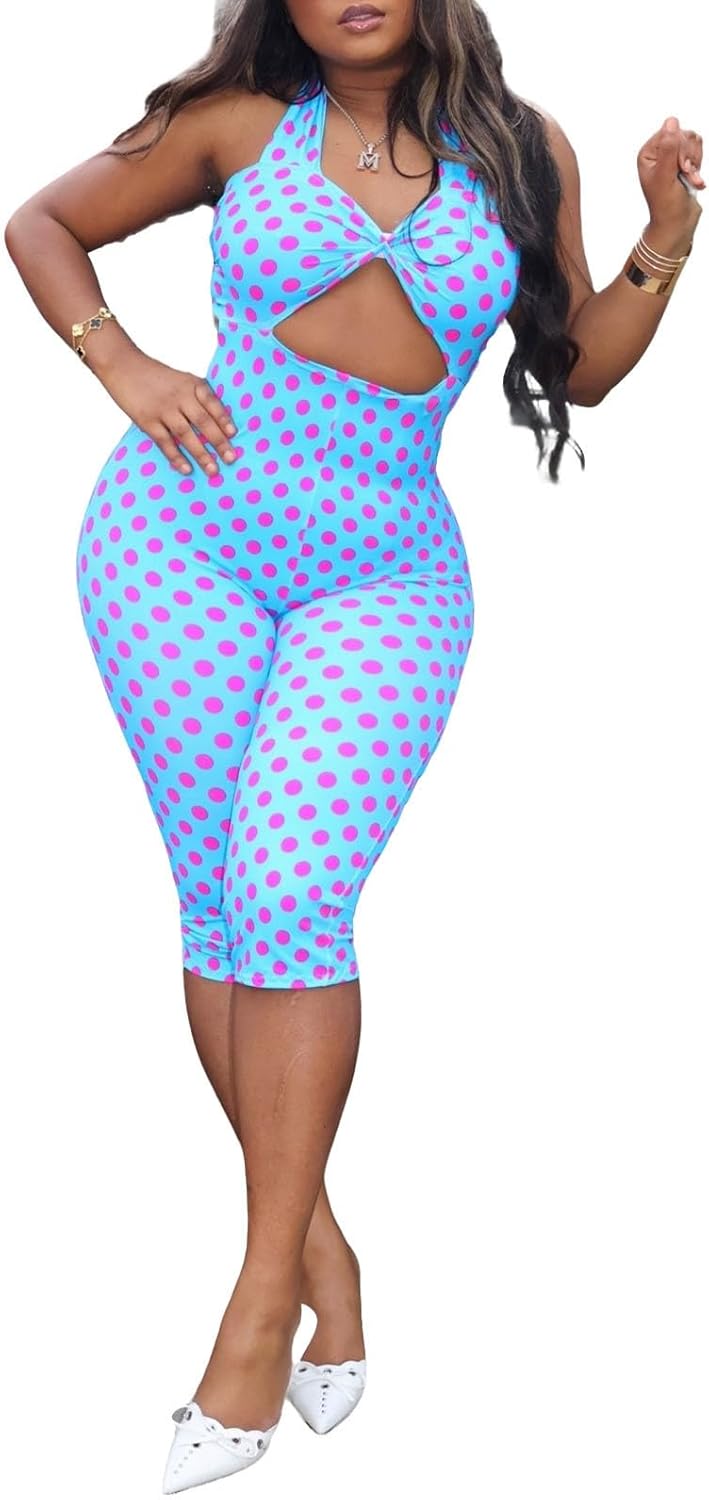 Molilove Women's Polka Dot Jumpsuits Sexy Halter Neck Cut Out Backless Bodycon Capri Romper with Headband Going Out Outfits