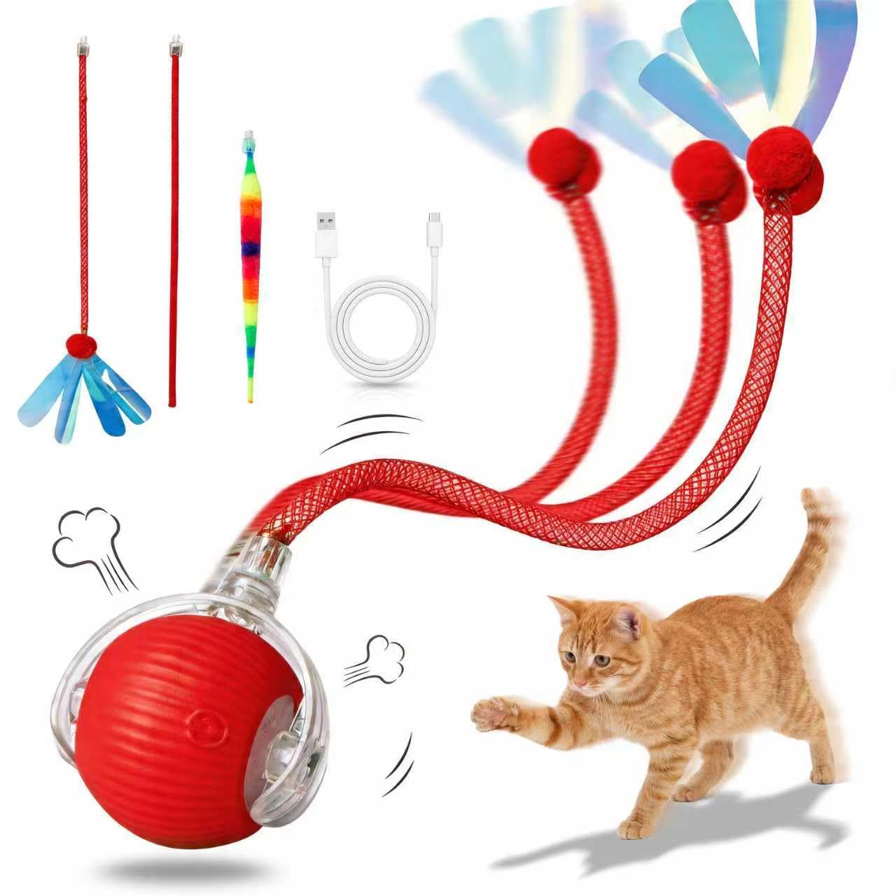 Interactive Cat Toy Ball, Automatic Rolling Toy, 3 Play Modes Rechargeable | Interactive cat toy with smart rolling motion, 3 play modes, 3 replaceable attachments and USB rechargeable design.