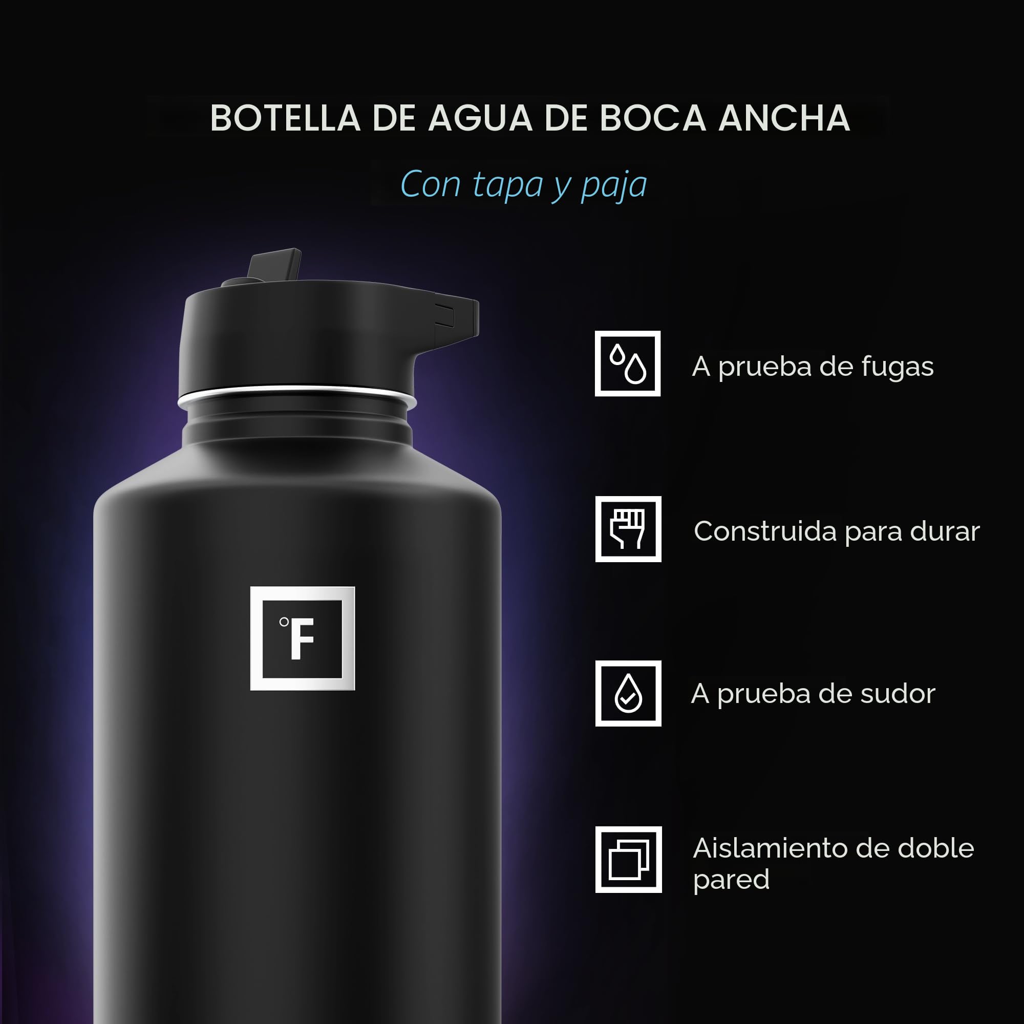 Iron Flask - Botella de agua deportiva de 64 onzas, 3 tapas (tapa con pajilla), acero inoxidable aislado al vacío, moderna de doble pared, taza térmica simple, Hydro Metal | Botella de agua aislada de medio galón con 3 tapas a prueba de fugas, sin BPA, fr