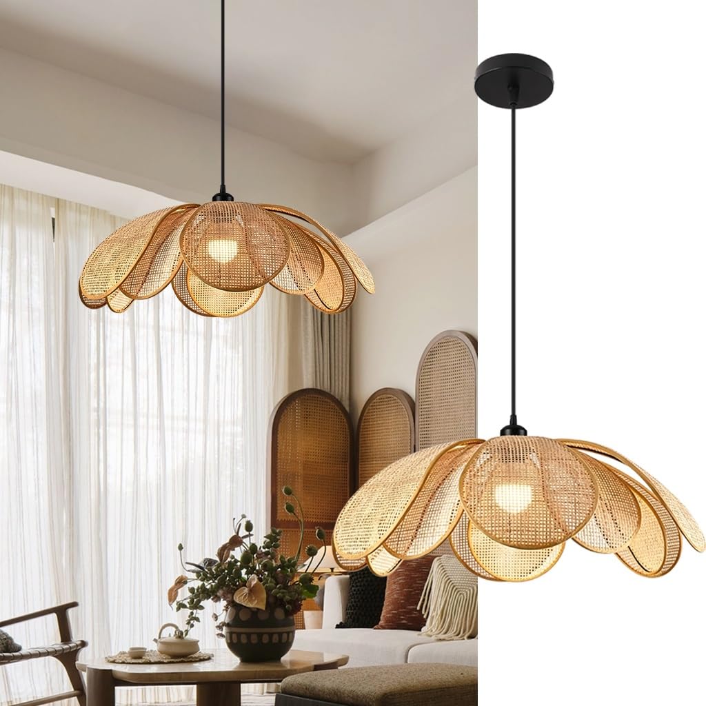 YUPIN Suspension En Rotin Bohème Lampe À Suspension Créatives À Fleurs Wabi Sabi Pour Table À Manger Lustre Suspendue Style Nordique E27 Réglable Pour Salle À Manger Îlot De Cuisine Salon(50cm)