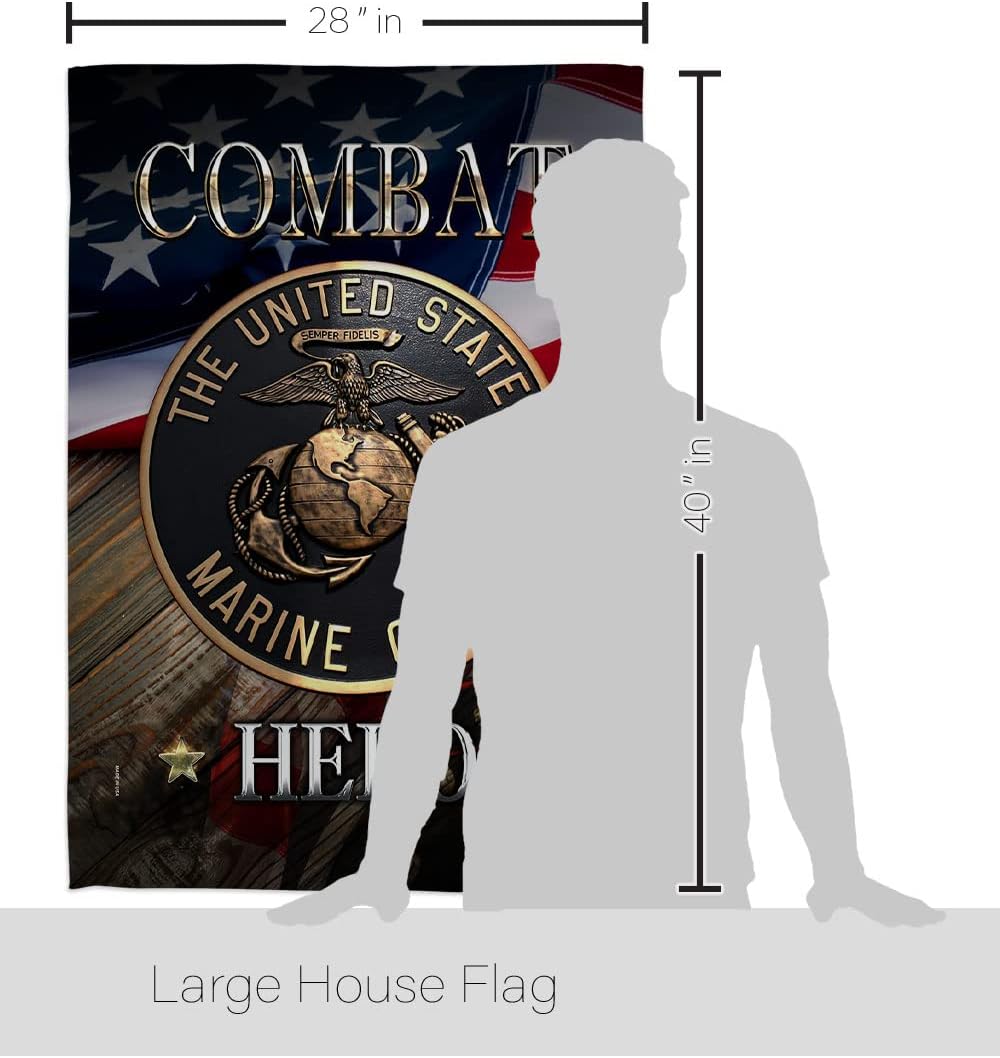Marine Combat Hero House Flag - Armed Forces Corps USMC Semper Fi United State American Military Veteran Retire Official - Decoration Banner Small Garden Yard Gift Double-Sided Made in USA 28 X 40
