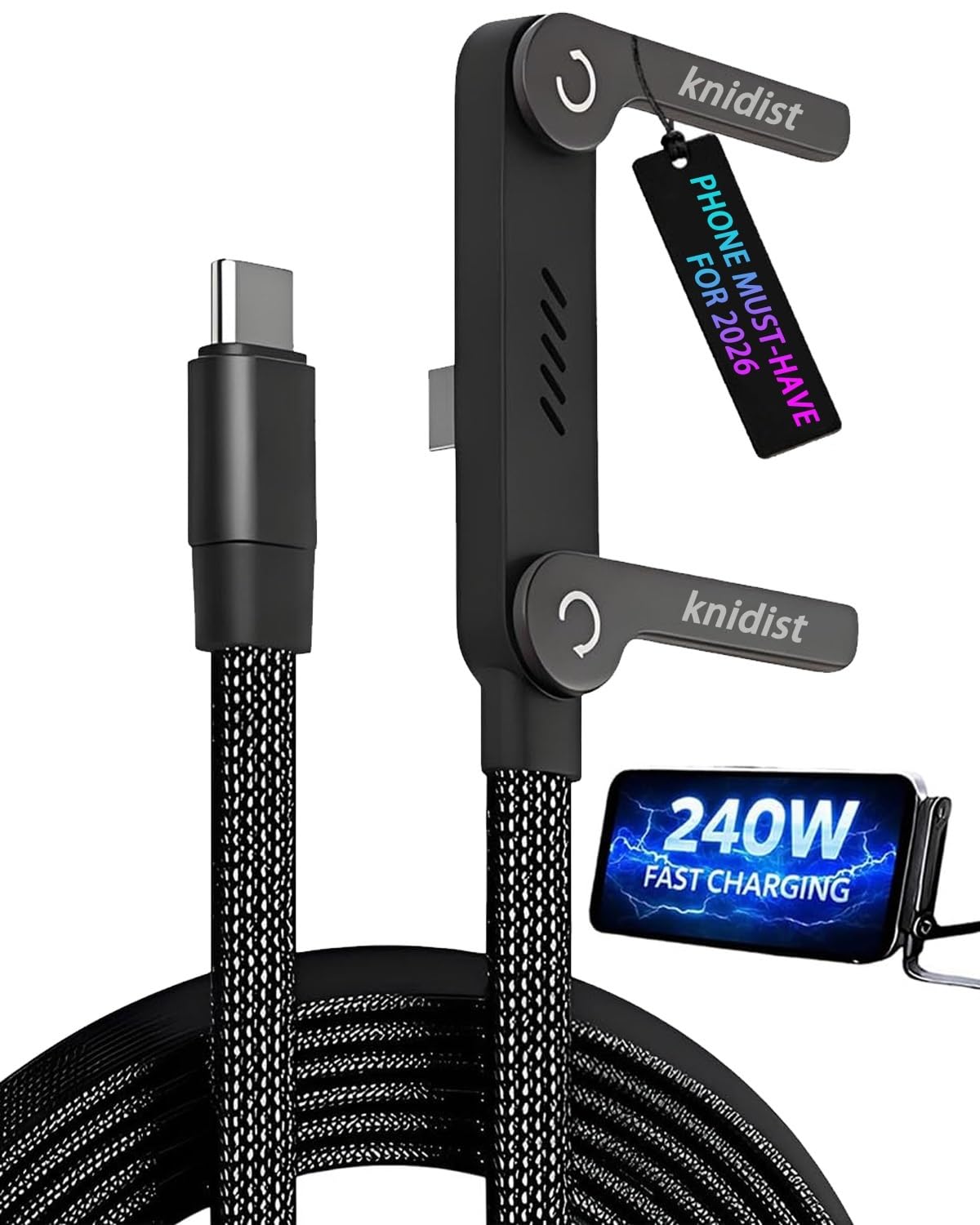 240W Invisible Phone Charger Cable Stand Fast Charging Braided Built-in Kickstand 2In1 Folding Foldable Sideways Flat Universal USB-C C to C for iPhone Android Station Hub 4.9FT