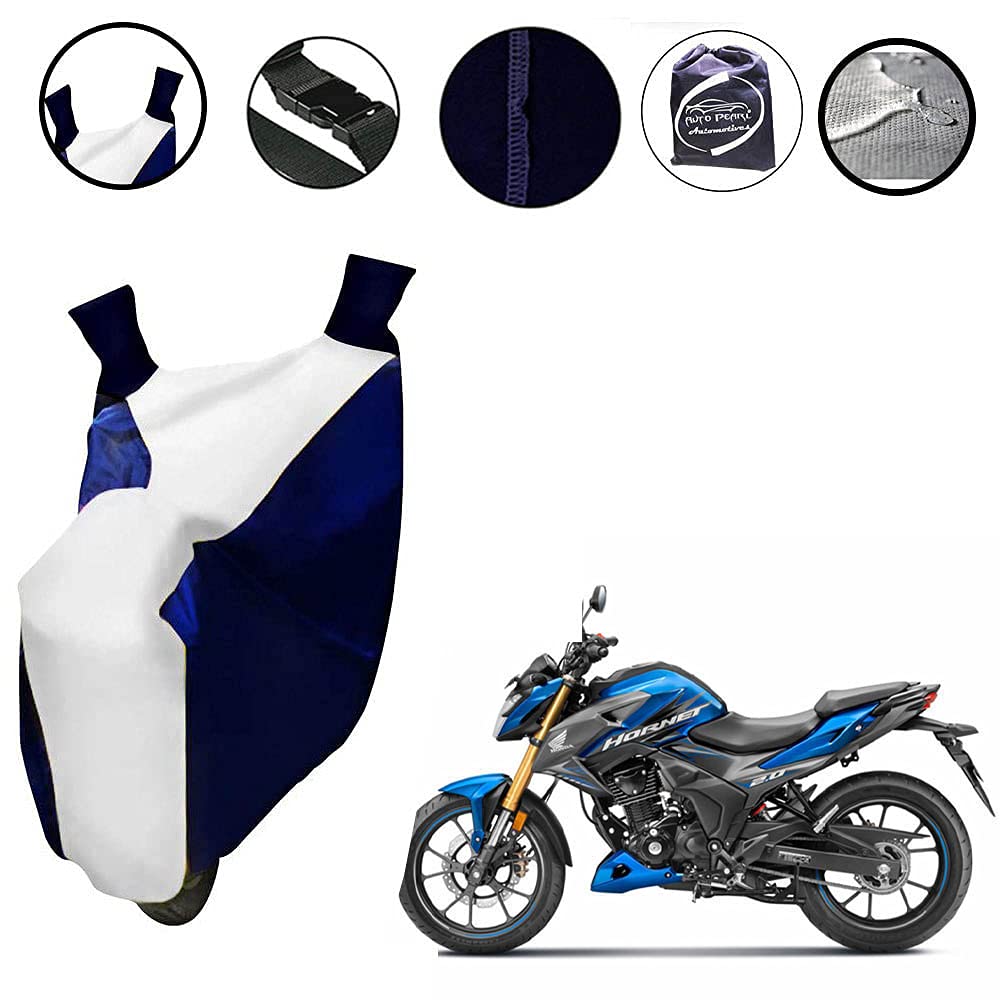 Auto Pearl-White Blue Matty Bike Body Cover with Mirror Pockets Buckle Belt Protects Bike from Dust,Weather, Snow, Ice, Sun with Carry Bag Compatible with - Hornet 160R