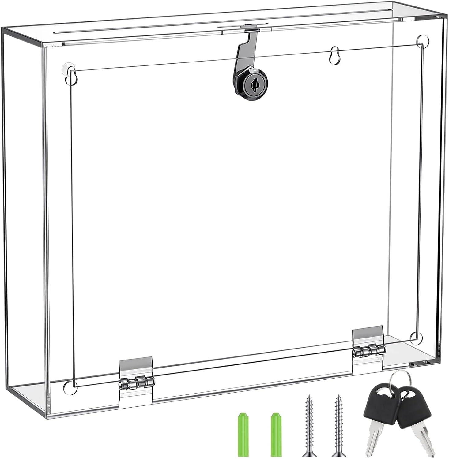 Juexica Acrylic Donation Box with Lock & Sign Holder, Large Clear Locking Suggestion Box for Fundraising Voting Secure Cash Drop, Wall Mounted 4mm Thick Shatter Resistant(12"l X 3"w X 10"h,Upper Lock)