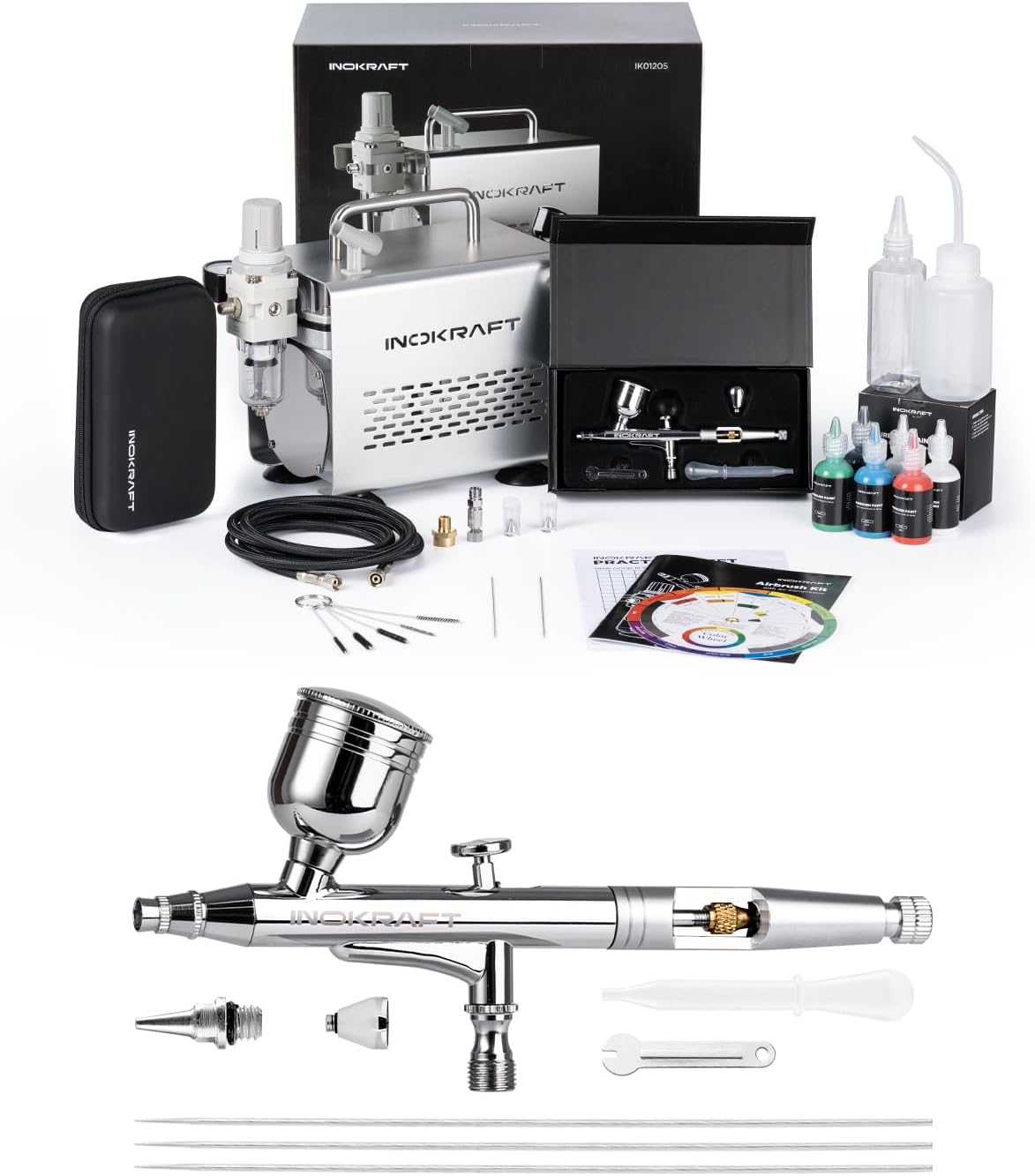InoKraft Airbrush Kit with Air Compressor- 1/6 HP Quiet Air Compressor+2 Gravity Airbrush with 3 Tips 0.2, 0.3 & 0.5 mm- Hose, Holder, How-To Guide- Airbrush Paint Set for Model Painting gift 4 Colors