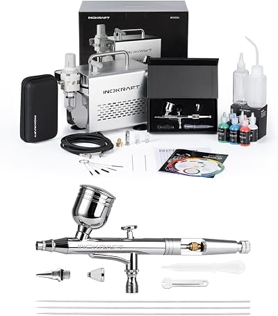 InoKraft Airbrush Kit with Air Compressor- 1/6 HP Quiet Air Compressor+2 Gravity Airbrush with 3 Tips 0.2, 0.3 & 0.5 mm- Hose, Holder, How-To Guide- Airbrush Paint Set for Model Painting gift 4 Colors