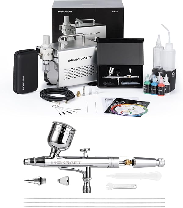 InoKraft Airbrush Kit with Air Compressor- 1/6 HP Quiet Air Compressor+2 Gravity Airbrush with 3 Tips 0.2, 0.3 & 0.5 mm- Hose, Holder, How-To Guide- Airbrush Paint Set for Model Painting gift 4 Colors