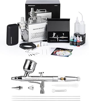 InoKraft Airbrush Kit with Air Compressor- 1/6 HP Quiet Air Compressor+2 Gravity Airbrush with 3 Tips 0.2, 0.3 & 0.5 mm- Hose, Holder, How-To Guide- Airbrush Paint Set for Model Painting gift 4 Colors