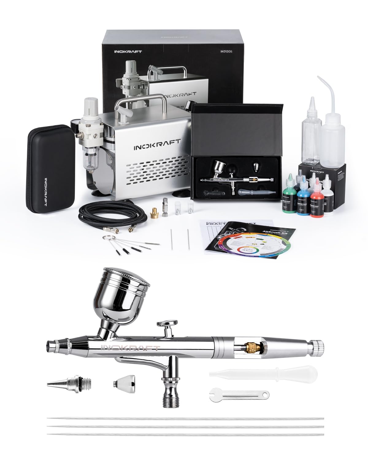 InoKraft Airbrush Kit with Air Compressor- 1/6 HP Quiet Air Compressor+2 Gravity Airbrush with 3 Tips 0.2, 0.3 & 0.5 mm- Hose, Holder, How-To Guide- Airbrush Paint Set for Model Painting gift 4 Colors