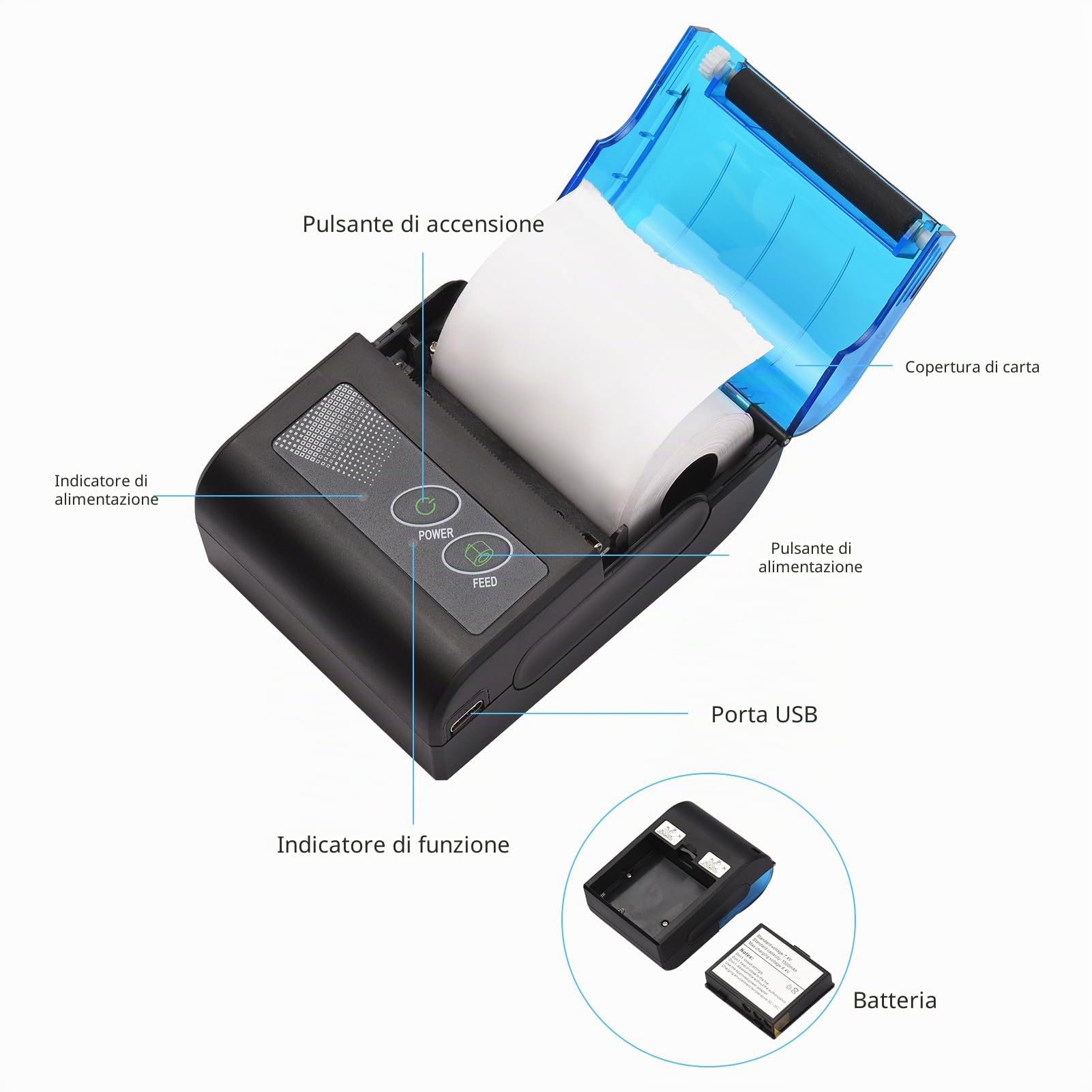 Mini stampante termica portatile,Xgr-Pos581 Stampante per ricevute USB wireless 2 pollici con carta stampa 58 mm compatibile con Android