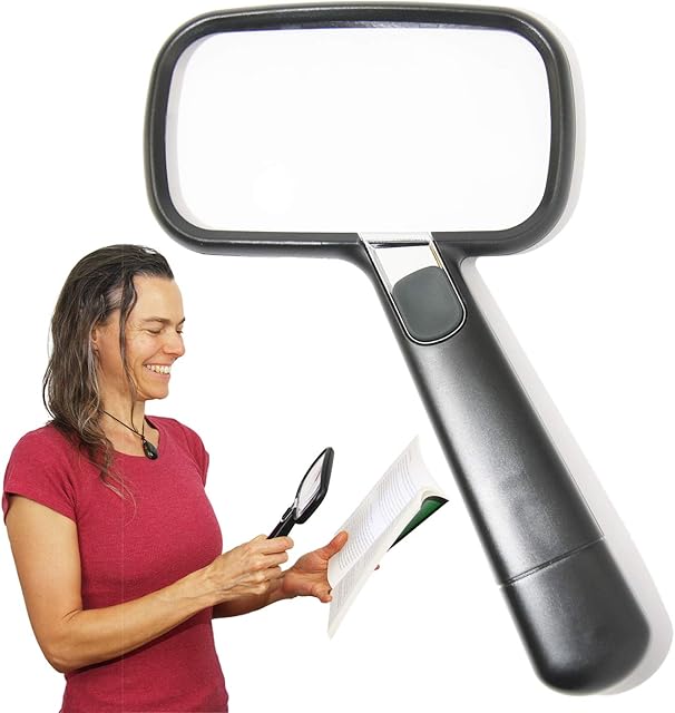 EasY Magnifier Large Magnifying Glass 2X with LED Light; Light Up Hand Lens for Hobbies; Lighted Loupe Glasses for Reading Books, Low Vision Aid Gift, Macular Degeneration