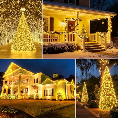 60M 500 LED Fairy Lights Outdoor Green Wire String Lights Plug in Waterproof Christmas Lights Mains Powered with Remote Timer 8 Modes for Outside Garden Patio Yard House Party Decorations Warm White