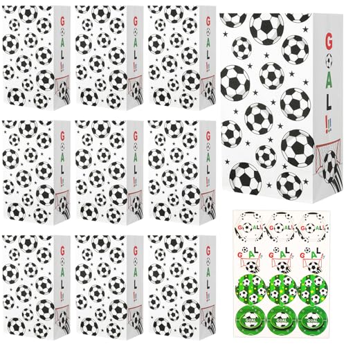 BLMHTWO 12 Pack Soccer Snack Bags With Stickers -Treat Bags for Soccer Party Favors & Birthday Party Supplies (White)