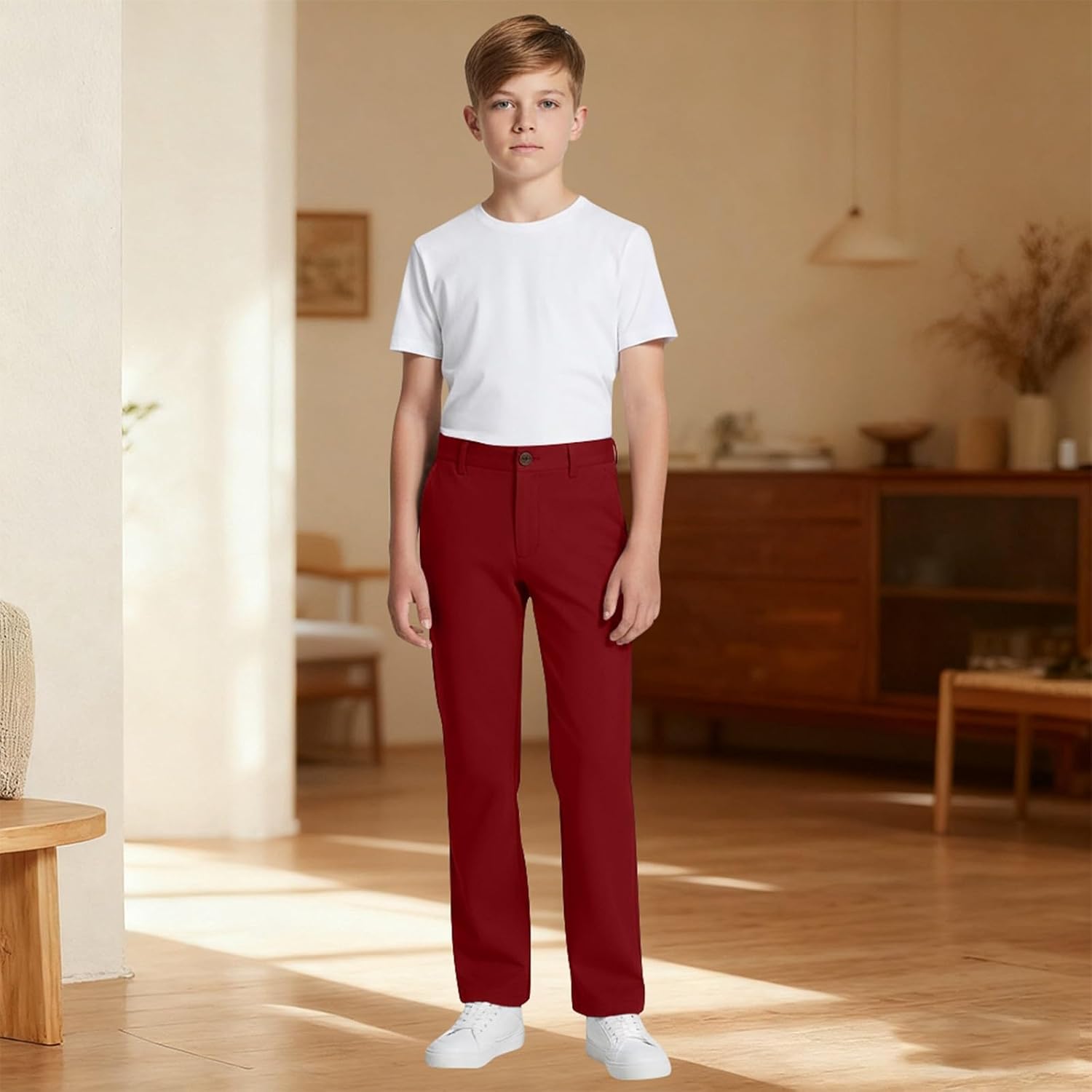 Boys School Uniform Pant Dress Pants Kids High Rise Solid Color Stretchy Trousers with Pockets Size 5-16 Years
