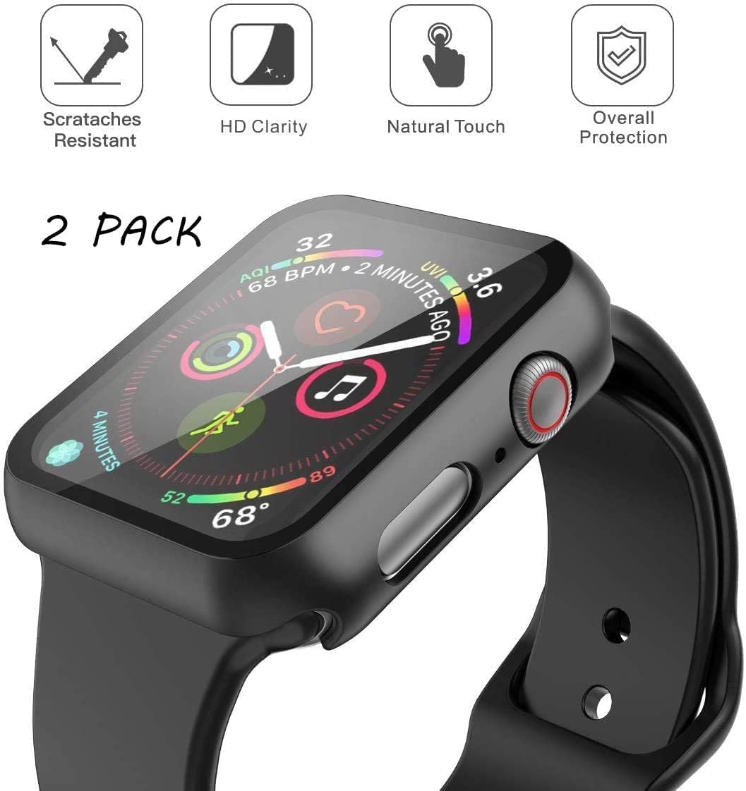 Julk Hard Case for Apple Watch Series 6 / SE/Series 5 / Series 4 40mm, iWatch PC Overall Protective Cover with Slim Tempered Glass Screen Protector (2-Pack Black)