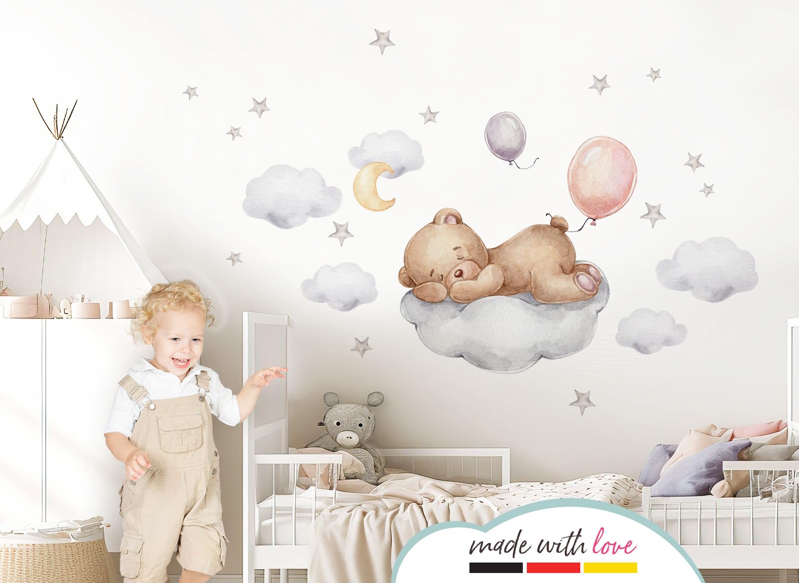 Little Deco DL832-4 Sticker mural pour chambre de bébé Motif ours en peluche sur le nuage