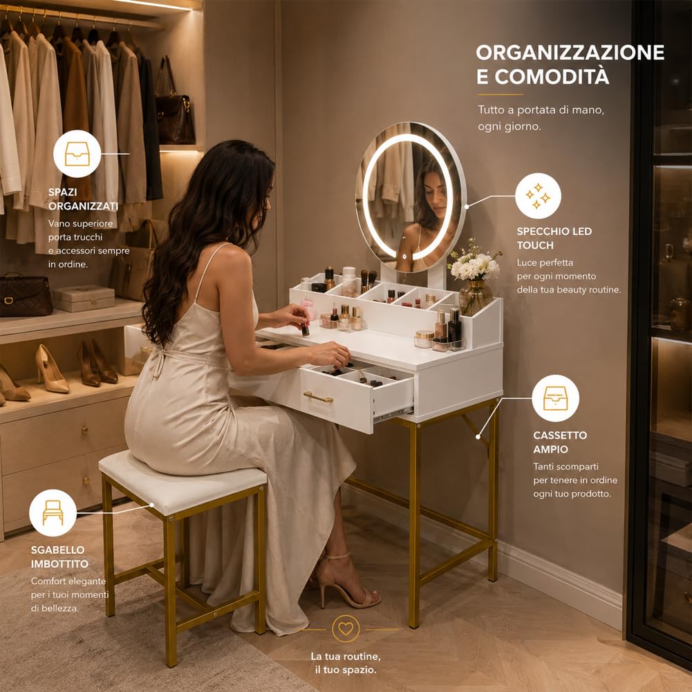 Shally Dogan Toeletta Trucco con Sgabello Bianca Struttura Oro con Specchio LED Touch, Postazione Makeup con Cassetti e Scomparti Ideale per Interni, Casa, Camera da Letto, Cameretta 80 x 45 x 141 cm