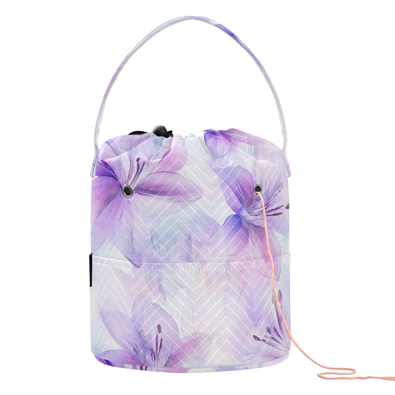 Watercolor Lily Flowers Light Purple Crochet Tote Bag Knitting Needle Organizer Portable Crocheting Bag for Crochet Tool Storage Organizer