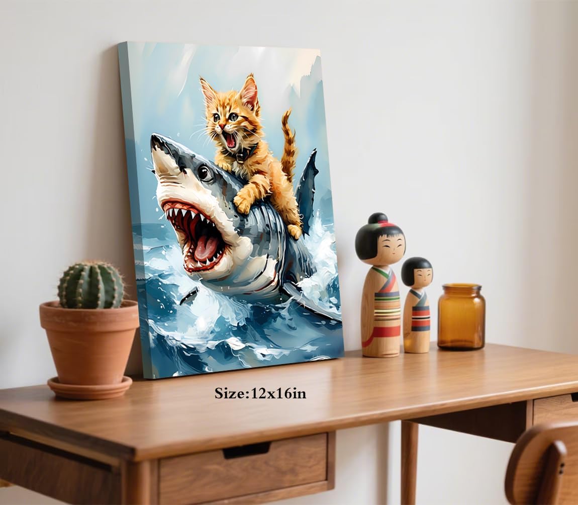 Framed Cat Wall Art,Funny Quirky Cat and Shark Pictures Canvas Print,Bathroom Wall Art,Abstract Animals Shark Poster Decor for Room Bedroom Living Room Bathroom(12"x16")
