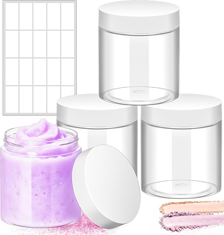 MotBach Frascos plásticos redondos transparentes com tampas brancas, 480 mL, Pacote com 3