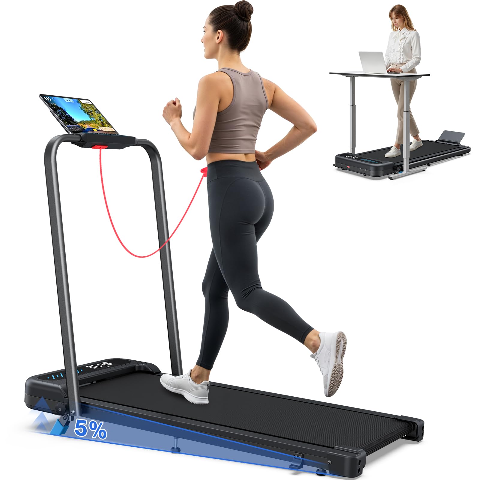 COZYINN Foldable Treadmill with Incline, 3.0HP Quiet Walking Pad with Handle Bar, 2 in 1 Portable Treadmills for Home Small Space, 320 Lbs Capacity Compact Under Desk Treadmill with Led Display & App