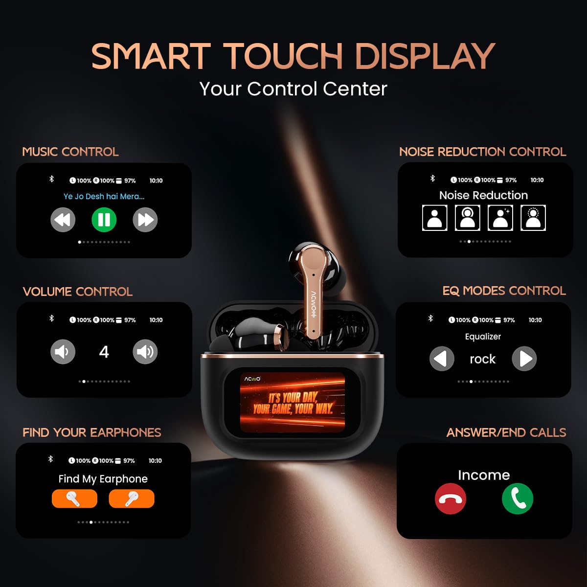 ACwO DwOTS Touch TWS in Ear Earbuds | Hd Touch Display | 32Db ANC | Transparency Mode | 50 Hrs Playtime | Ai-Enc Quad Mics | Find My Earphones | Bluetooth 5.4 | 4 Eq Modes | Golden Black 1