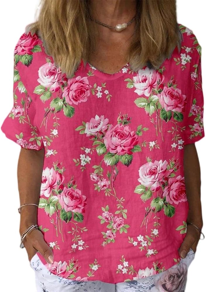 Short Sleeve Tops Clothes Deals for Women Loose Fit Dressy V Neck Flowy Blouse Lightweight Summer Shirts