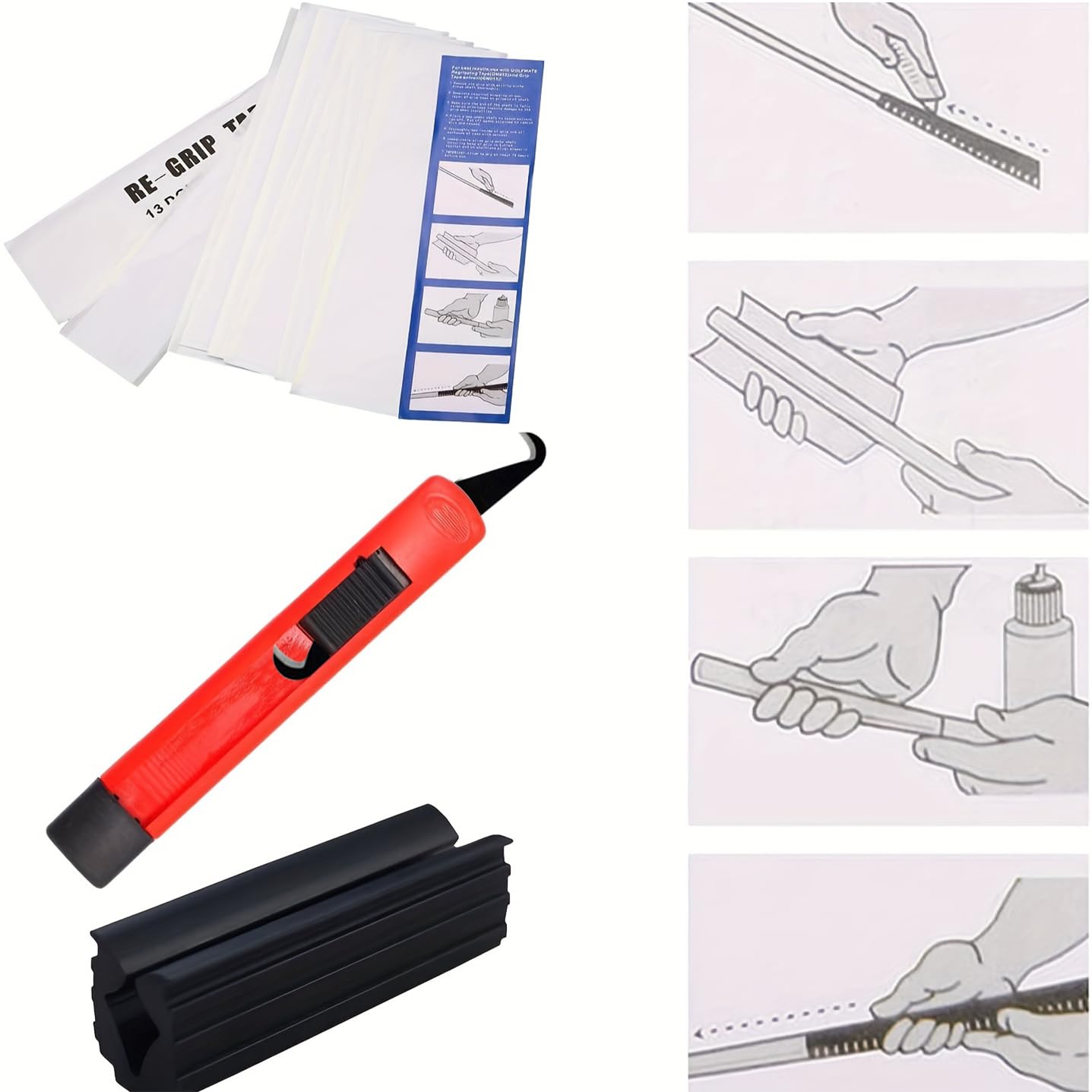 Golfgriff-Sets zum Nachreißen von Golfschlägern, professionelle Qualität, inkl. Grifflösungsmittel, Golfgriff, 15 Streifen, Klebeband, Haken, Klinge, Gummi-Schraubstockklemme und