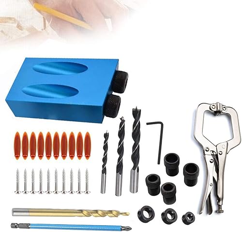 Miniatura 2 de Kit de carpintería de taladro de clavija de tornillo de bolsillo de 15 de 37 piezas, kit de localizador de agujeros oblicuos con abrazadera C de