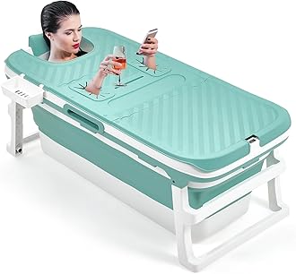 WarmiehomyPortable Bathtub Adult,135x54x61CM Folding Bathtub with Lid,Thicken Barrel Insulated Bathtub with Soap Basket,Neck Pillow,Massage Rollers,Thermometer Display,Deal for Small Spaces,Blue