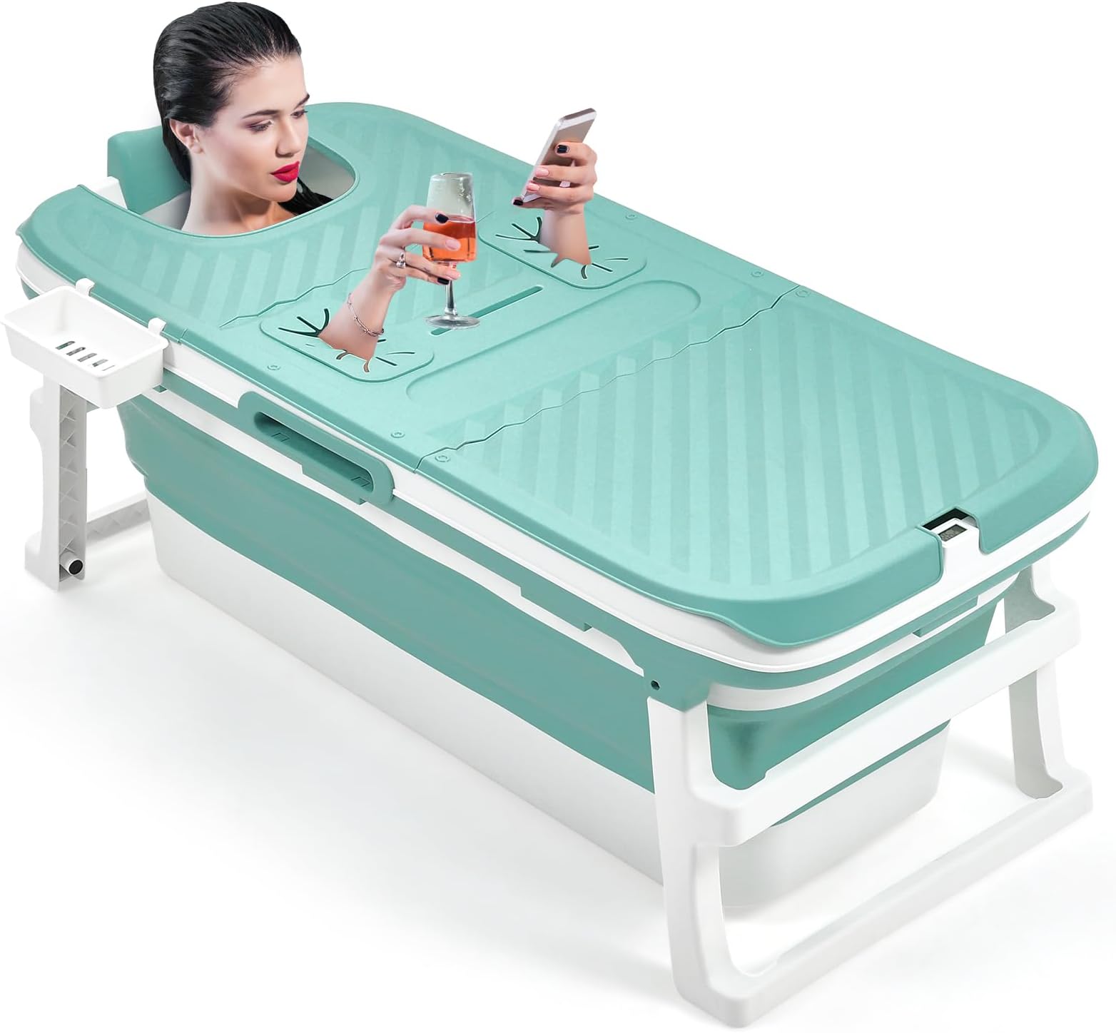 Warmiehomy Portable Bathtub Adult,135x54x61CM Folding Bathtub with Lid,Thicken Barrel Insulated Bathtub with Soap Basket,Neck Pillow,Massage Rollers,Thermometer Display,Deal for Small Spaces,Blue