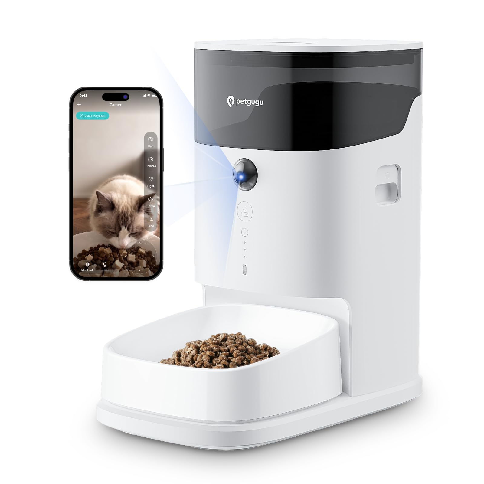 PETGUGU Comedero Gato Automático con App, Dispensador Comida Gatos Inteligente con Cámara y Voz, Temporizador y Cuencos Cerámicos