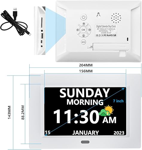 Miniatura 2 de Reloj de 7 pulgadas con día y fecha para ancianos, pantalla grande, reloj digital, 5 alarmas, 3 recordatorios de medicamentos, fuente grande, reloj