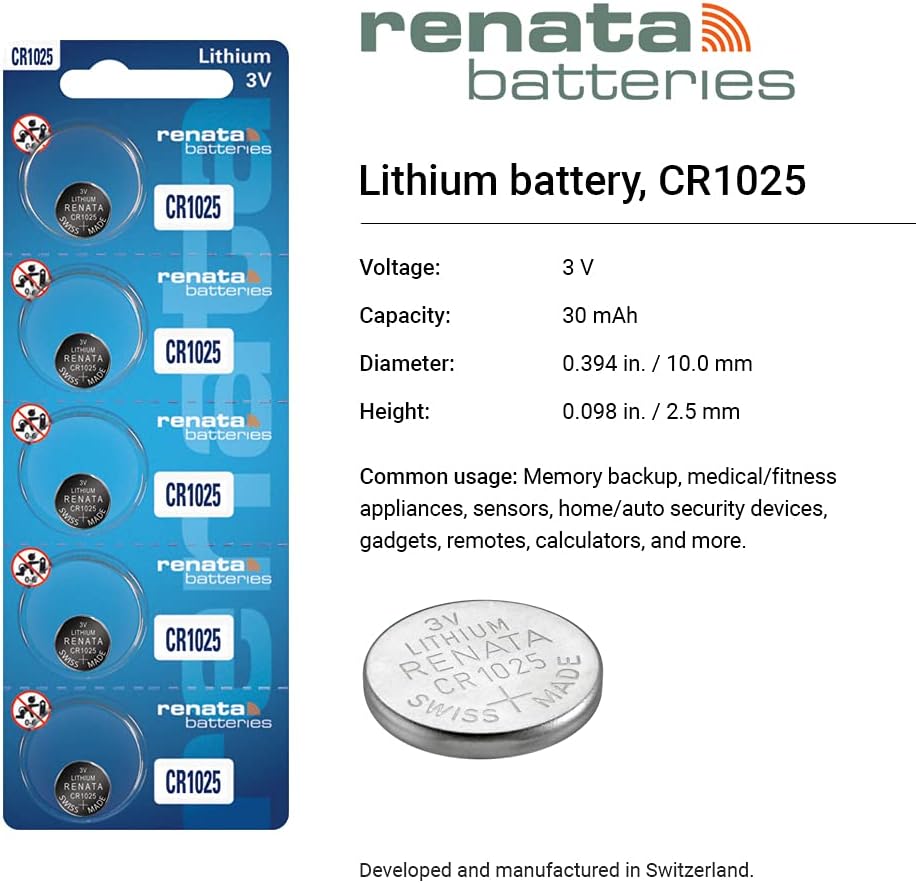 Renata CR1025 battery with detailed specifications: Voltage, Capacity, Diameter, Height, and common usages.