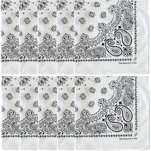 The Peacock Crew 10 Pack White Bandanas in Premium Soft Cotton for Men and Women