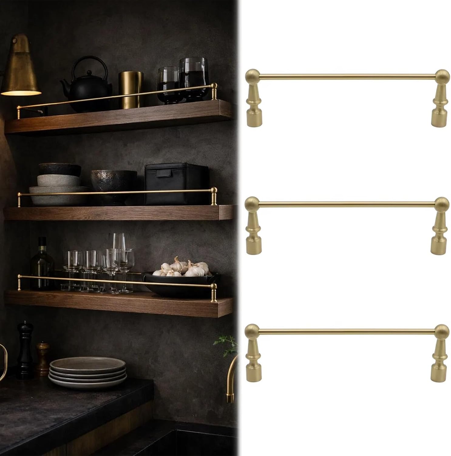 Vibeo Set of 3 Long Brass Railing for Kitchen Shelves, Anti-Fall Cabinet Metal Guardrail Bars, Decorative Shelf Rail Fence Pole Set with 2 Spindles(Style B,28in/71cm)