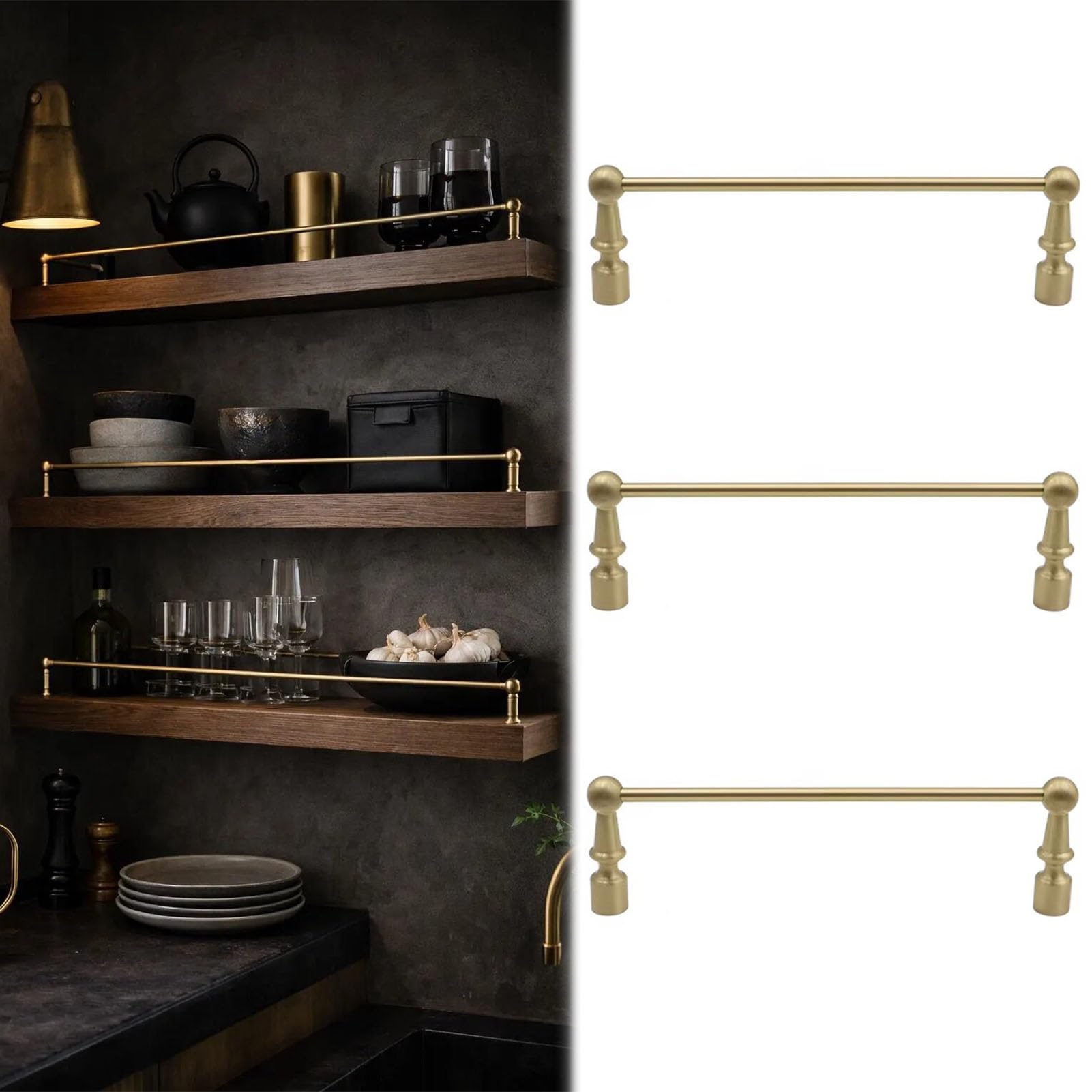 MESCXTY Set of 3 Long Brass Railing for Kitchen Shelves, Anti-Fall Cabinet Metal Guardrail Bars, Decorative Shelf Rail Fence Pole with 2 Spindles(Style B,24in/61cm)