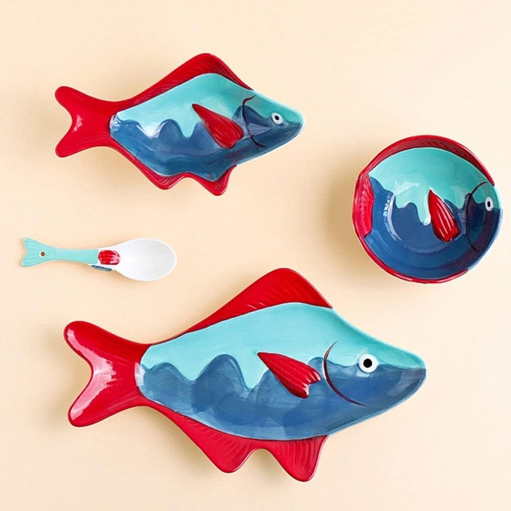Spoons Fish-shaped ceramic spoon Children's cartoon soup Creative underglaze personality household kitchen tableware(F)