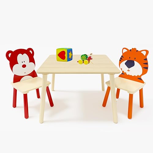 Juego de mesa y silla para niños, juego de mesa de madera para niños con 2 sillas, mesa de actividades adorablemente animales para leer, dibujar,