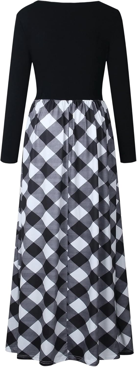 MEROKEETY Women's Long Sleeve Plaid Empire Waist Full Length Maxi Dress with Pockets - Image 5