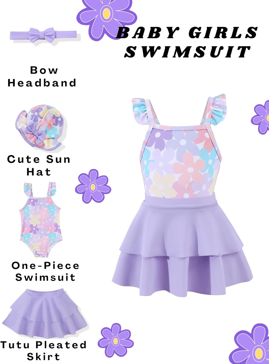 Renotemy Baby Girl Swimsuit Toddler One-Piece Bathing Suit with Skirt&Hat Bikini Beach Pool Swimwear for Infant Girls 3M-3Y