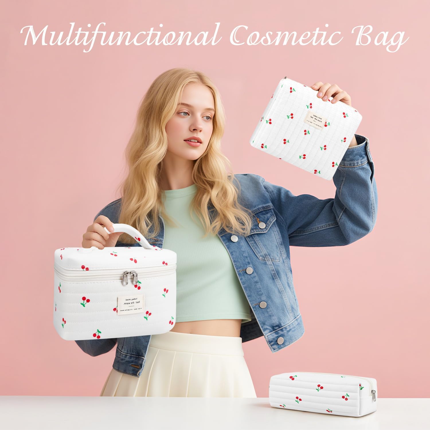 3Pcs Cotton Quilted Makeup Bag for Women Girls, Large Floral Cosmetic Bag Set Cute Makeup Brushes Aesthetic Accessories Storage Bag Cherry Travel Toiletry Bag Organizer - Image 6