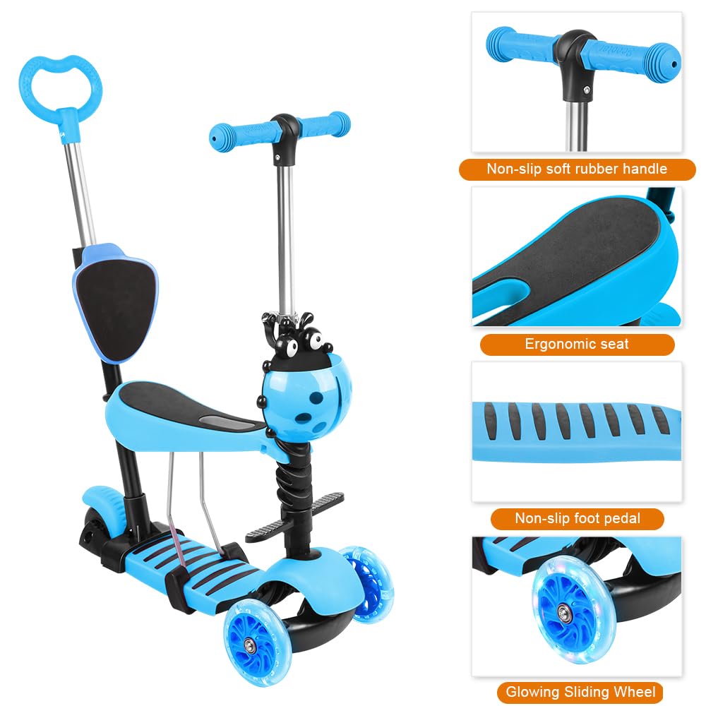 Patinete 3 en 1 para niños de 2 a 8 años, patinete de 3 ruedas LED con mango de empuje patineta infantil plegable con altura ajustable, carga máxima 50 kg