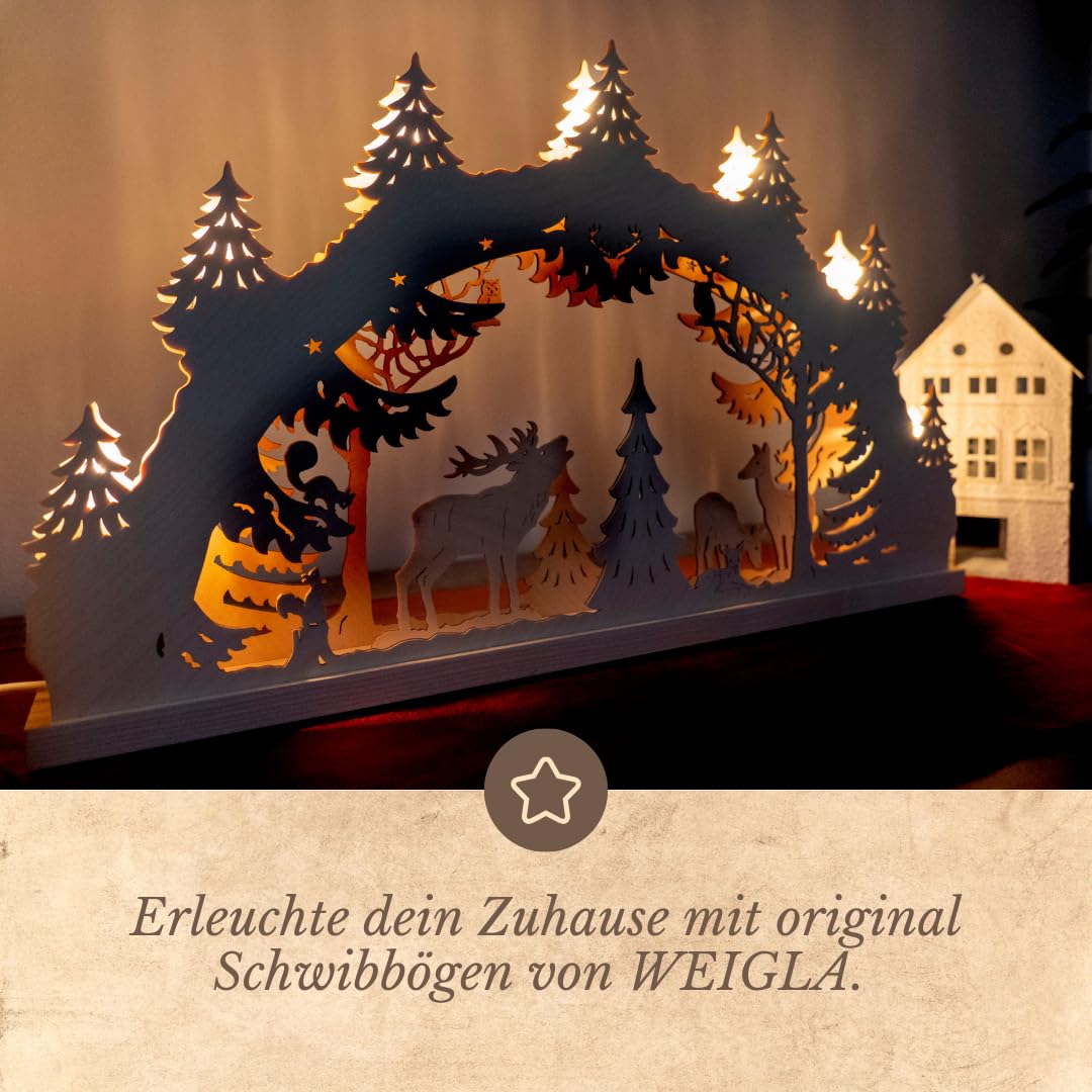 WEIGLA - Schwibbogen original Erzgebirge I Lichterbogen Weihnachten I Motiv Hirschfamilie I 7 Lampenkerzen + 1 Ersatzlampe I 7 x 34 V, 3 W, E10 I beleuchtete Weihnachtsdeko innen